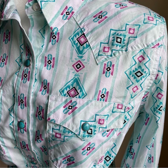 Wrangler Retro Western Curved Yoke Turquoise Snap Down Shirt - Picture 9 of 16